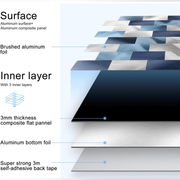 Subway Backsplash Tile Peel & Stick DIY Kitchen Bathroom Brushed Silver Blue - Picture 5 of 9